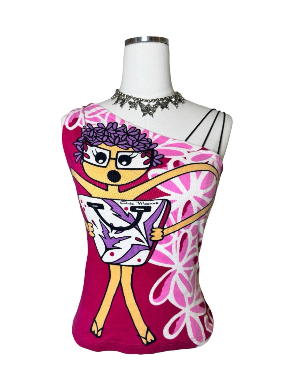 Y2K Aula Magna Graphic Girl One Shoulder Pink Euro Tank Top Size Large